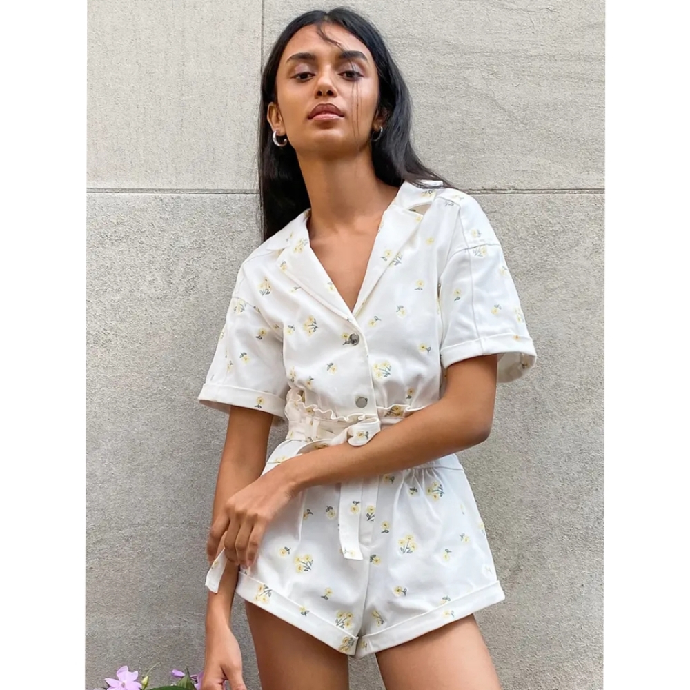 For Love & Lemons White Denim Paper Bag Waist Floral Daisy Print Waverly Romper